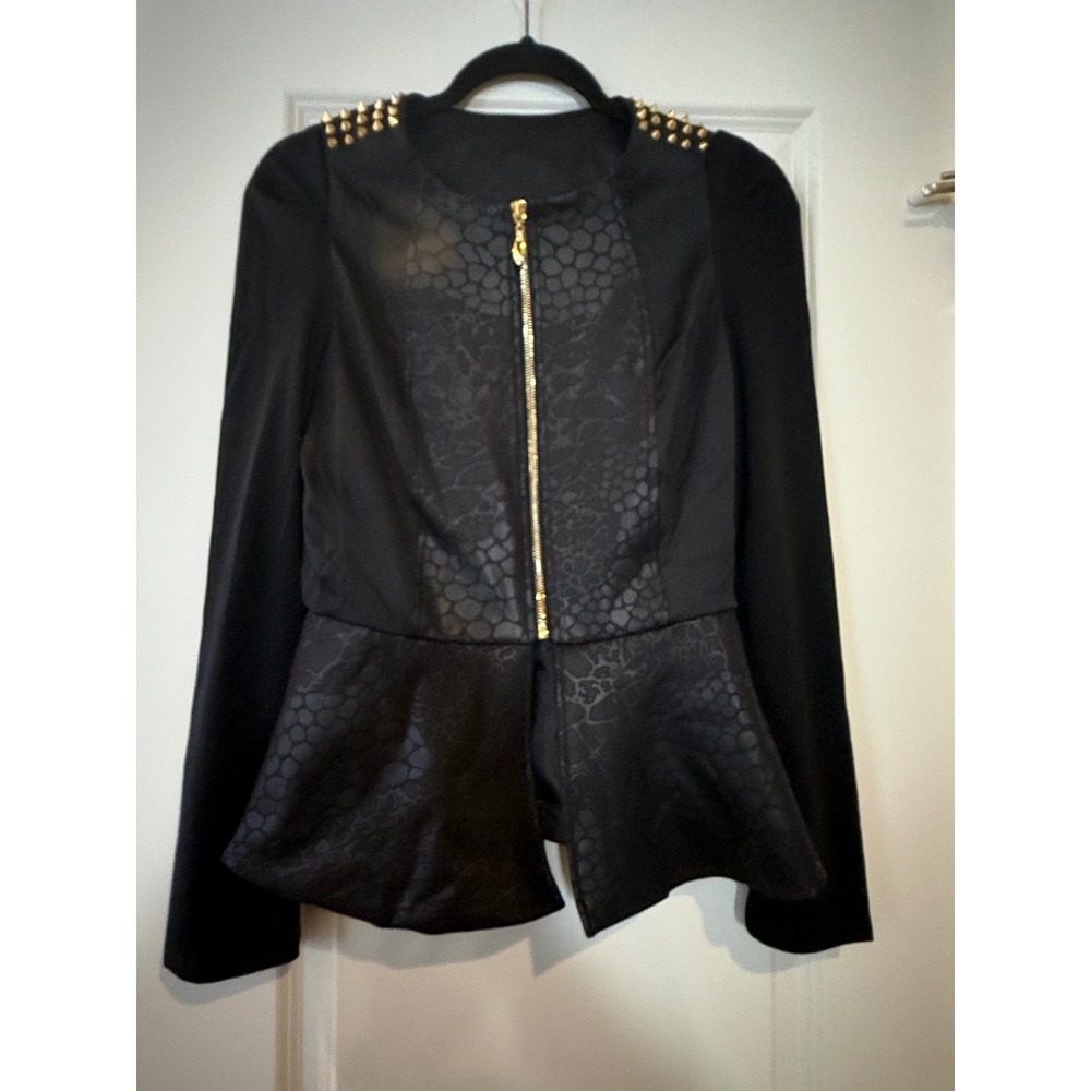 Mark by Avon Black Peplum Jacket Studded Shoulders Snakeskin Print Small‎
